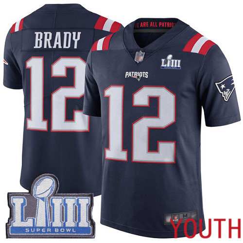New England Patriots Football 12 Super Bowl LIII Bound Rush Limited Navy Blue Youth Tom Brady NFL Jersey